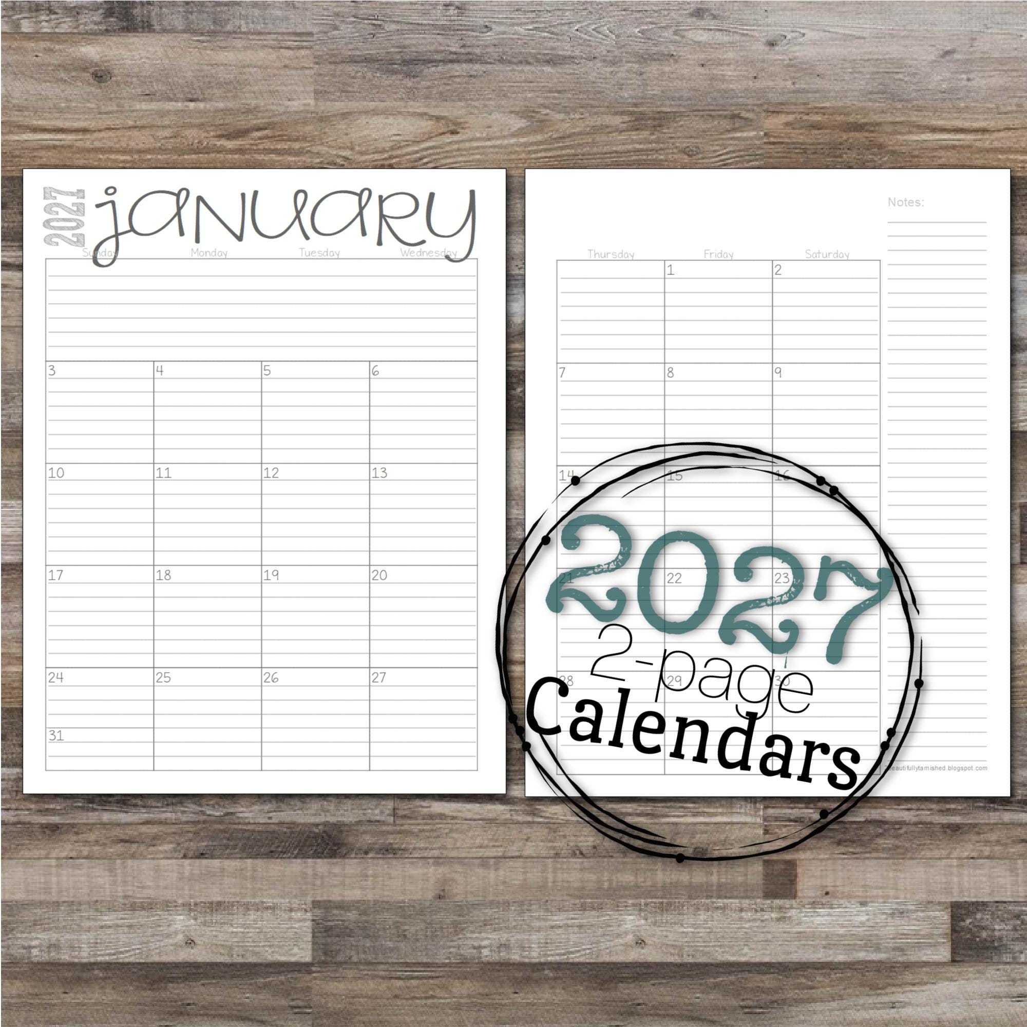 2027 Lined & Unlined 2-page Monthly Calendars | 8.5x11 | Jan - Dec