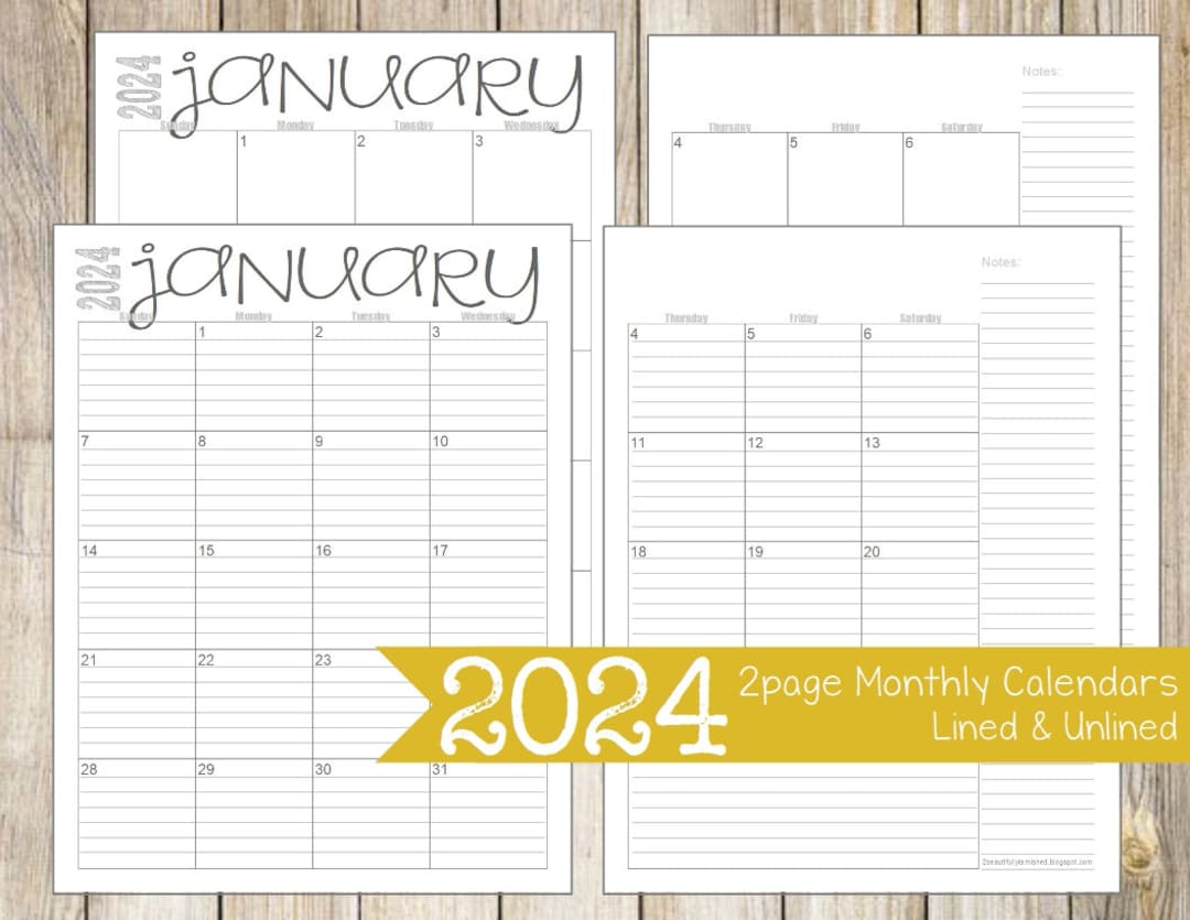 2024 Monthly 2-page Lined & Unlined Calendars 8.5x11 Jan Dec Printable Download (Download Now ...