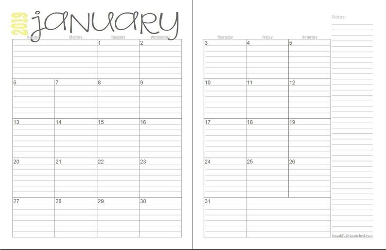 2019 lined monthly calendars 2 page layout full year printable etsy