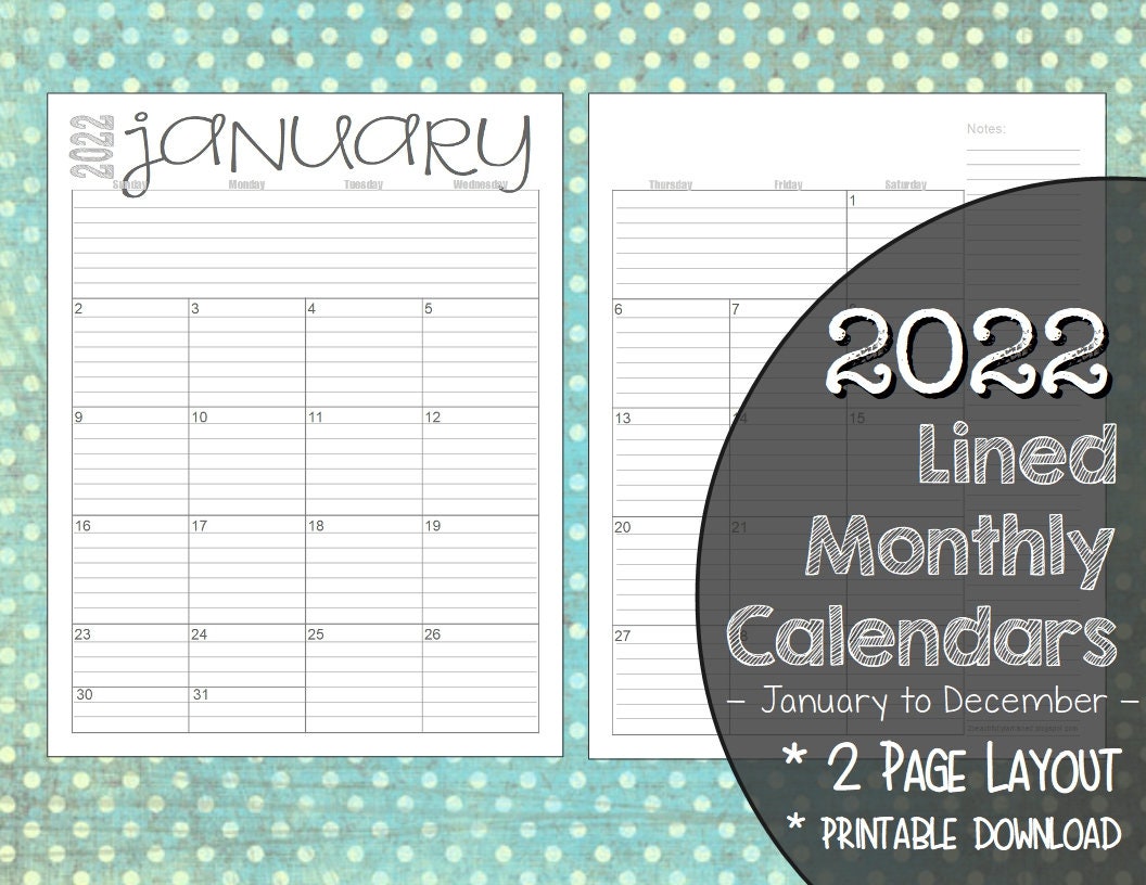 2022 Monthly 2 page Lined Calendars 8 5x11 Jan Dec Etsy UK