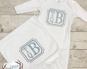 Personalized Baby Boy Gift Set, Matching Monogrammed Bib, Burp Cloth, and Gown Set/Outfit, Baby Going Home Outfit, Embroidered Baby Gift Set