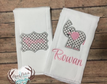 Personalized Baby Girl Elephant Burp Cloth Gift Set, Monogrammed Baby Pink and Gray Burp Cloth Set, Baby Shower Gift