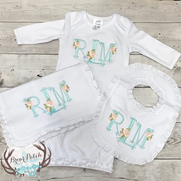 Personalized Baby Girl Gift Set, Matching Monogrammed Ruffle Bib and Gown Set/Outfit, Baby Going Home Outfit, Embroidered Baby Gift Set