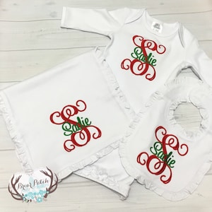 Personalized Baby Girl Gift Set, Matching Monogrammed Ruffle Bib and Gown Set/Outfit, Baby Going Home Outfit, Baby Girl Christmas Outfit Set