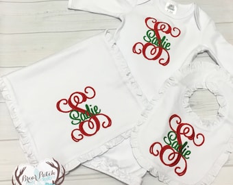 Conjunto de regalo personalizado de la niña de la niña, tirante monograma monograma y vestido del conjunto / traje, bebé va a casa traje, bebé niña traje de Navidad conjunto