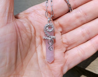 Rose Quartz Crystal Point Pendant Necklace Wire Wrapped In Solid Sterling Silver