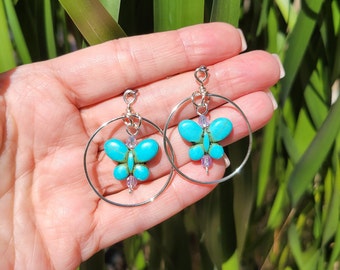 Turquoise Howlite Butterfly Silver Hoop Earrings Boho Hippie Jewelry