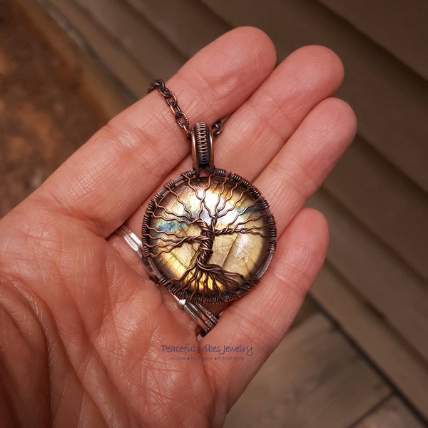 Labradorite Tree Of Life Necklace Wire Wrap Copper Pendant Yellow Blue Labradorite Handmade Statement Necklace Boho Artisan Jewelry