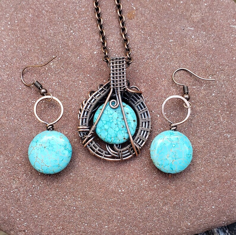 Wire Wrapped Turquoise Howlite Necklace Jewelry Set Oxidized Copper Wire Wrap Earrings Boho Hippie Artisan Spiritual Jewelry