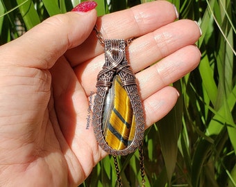 Wire Wrapped Tigers Eye Necklace Handmade Wire Wrap Pendant One Of A Kind Boho Hippie Unique Artisan Mens Jewelry