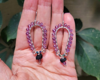 Handmade One Of A Kind Amethyst And Tourmalne Beaded Earrings Wire Wrapped In Silver