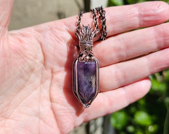 Handmade Amethyst Crystal Point Pendant Necklace Wrapped In Copper Boho Jewelry Gift For Her