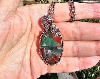 Handmade Bloodstone Pendant Necklace Wrapped In Copper Boho Crystal Jewelry