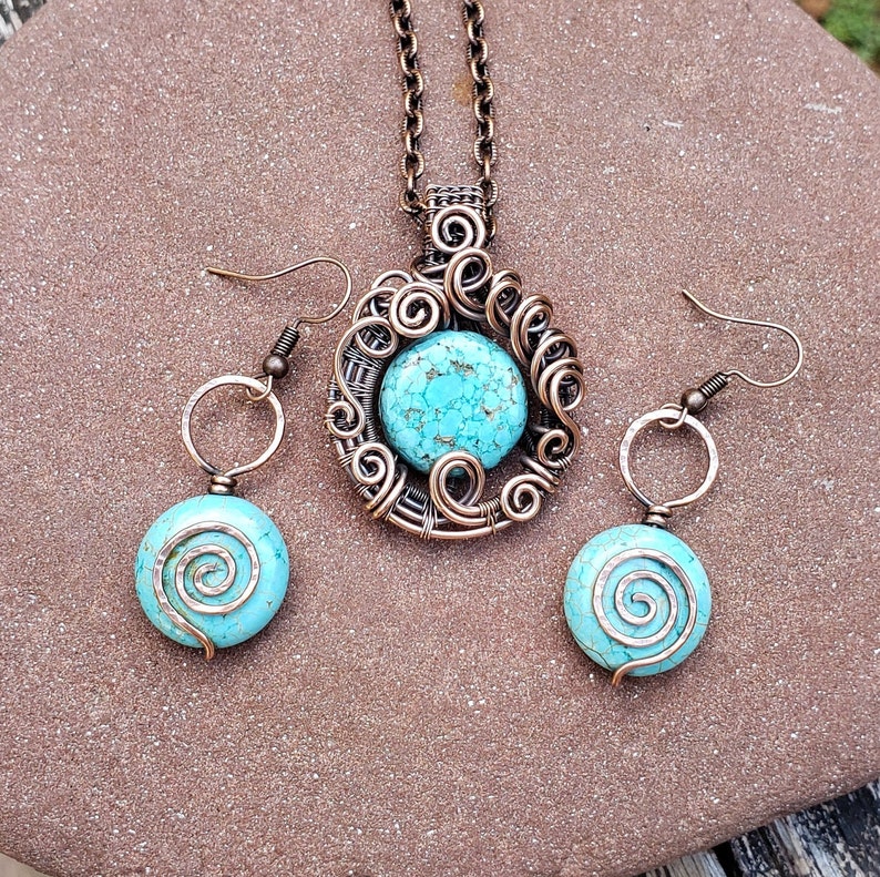 Wire Wrapped Turquoise Howlite Necklace Jewelry Set Oxidized Copper Wire Wrap Earrings Boho Hippie Artisan Spiritual Jewelry