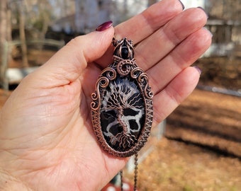 Septarian And Black Onyx Tree Of Life Necklace Wire Wrapped Copper Pendant Handmade One Of A Kind Boho Jewelry