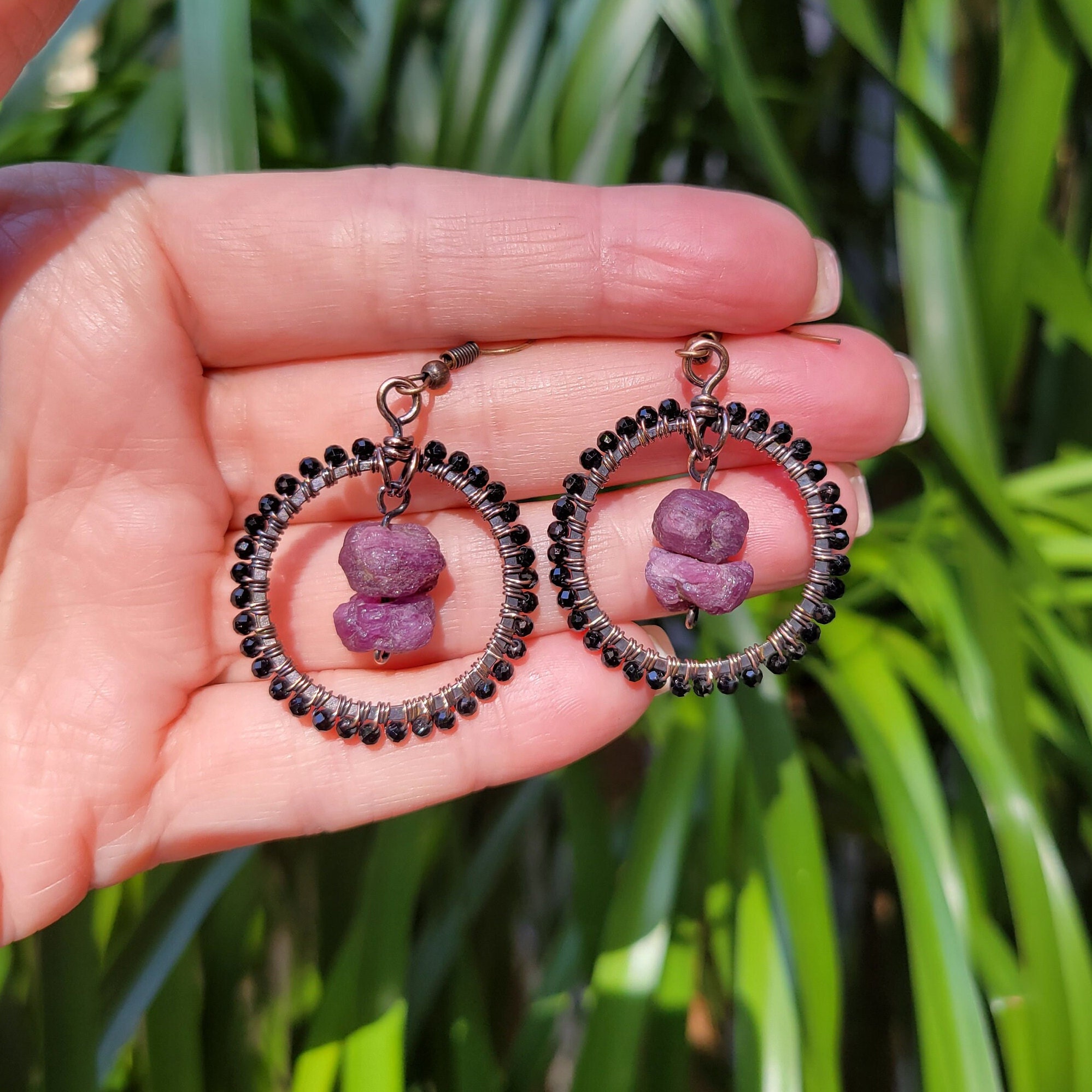 Handmade One Of A Kind Ruby And Black Tourmaline Hoop Earrings In Copper