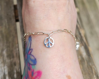 Solid Sterling Silver Adjustable Peace Sign Anklet Or Bracelet Boho Jewelry