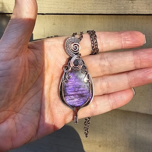 Handmade Purple Labradorite Pendant Necklace Wrapped In copper One Of A Kind Crystal Jewelry