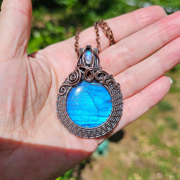Handmade Blue Labradorite Rainbow Moonstone Crystal Pendant Wire Wrapped In Solid Copper