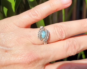 Handmade Larimar Ring Wire Wrapped In Sterling Siver Size 6.75