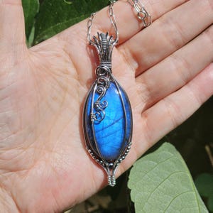 Handmade Blue Labradorite Pendant Necklace Wrapped In Oxidized Solid Sterling Silver One Of A Kind Crystal Jewelry