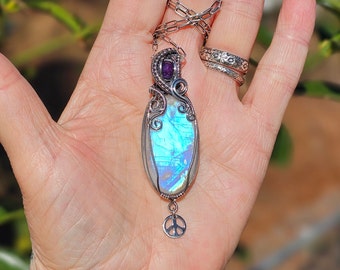 Handmade Rainbow Moonstone And Amethyst Pendant Necklace Wrapped In Sterling Silver Boho Crystal Jewelry