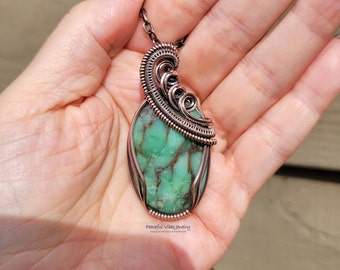 Handmade One Of A Kind Green Chrysoprase Pendant Necklace Wrapped In Solid Copper Boho Chakra Jewelry