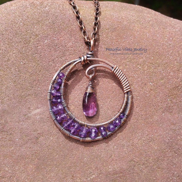 Amethyst Moon Necklace Wire Wrapped Handmade One Of A Kind Purple Crescent Moon Pendant Boho Hippie Artisan February Birthstone Jewelry