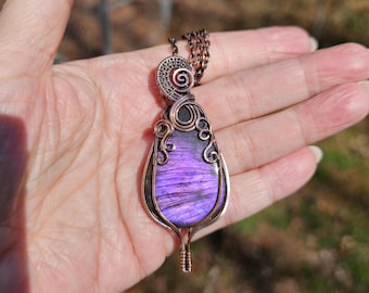 Handmade Purple Labradorite Pendant Necklace Wrapped In copper One Of A Kind Crystal Jewelry