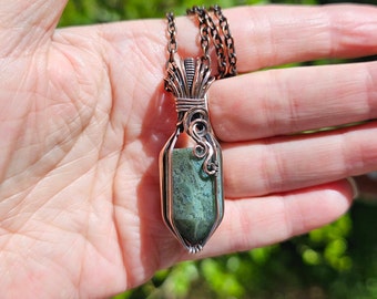 Handmade Moss Agate Crystal Point Pendant Necklace Wrapped In Copper Boho Jewelry Gift For Her