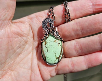 Handmade Lemon Chrysoprase Pendant Necklace Wrapped In Solid Copper Boho Chakra Jewelry