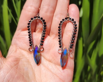 Handmade By Me Beaded Black And Blue Boho Earrings Wire Wrapped In Copper