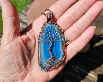 Handmade Agate Slice Tree Of Life Pendant Necklace Wrapped In Copper Boho Jewelry