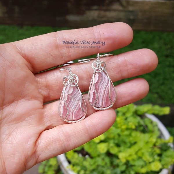 Wire Wrapped Pink Rhodochrosite Earrings Wire Wrap Sterling Silver Earrings Handmade One Of A Kind Boho Hippie Organic Artisan Jewelry