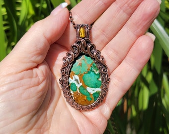 Malachite Tigers Eye Necklace Wire Wrapped Copper Pendant Boho Hippie Chakra Jewelry