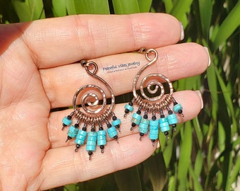 Handmade By Me Turquoise And Black Spinel Spiral Boho Earrings