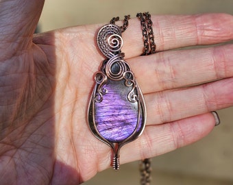 Handmade Purple Labradorite Pendant Necklace Wrapped In copper One Of A Kind Crystal Jewelry