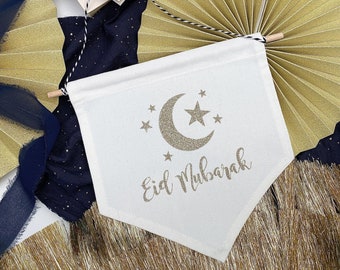 Personalised Eid Mubarak Hanging Wall Flag, Star and Moon Decor, Ramadan, Eid 2024, Luxe Eid Decorations, Eid Party Decor, Gold Eid Decor