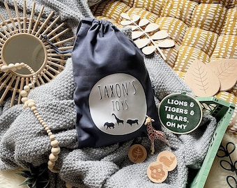 Bolsa de brinquedos personalizada para animais, decoração infantil, armazenamento de brinquedos, presente para recém-nascido, decoração de berçário de safári, armazenamento de sala de jogos, decoração boho, ideias para quartos infantis