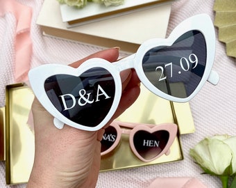 Personalised Heart Hen Sunglasses, Wedding Photo Booth Accessory, Cute Bridal Party Accessory, Hen Gift Bag Idea, Fun Wedding Favour, Bride