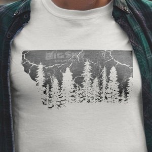 Men&#39;s Big Sky Shirt, Montana T-Shirt, Montana Map, Montana Vacation Shirt, Outdoors Shirt, Shirt With Trees, Montana Backpacking