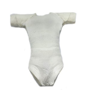 May include: A white leotard with short sleeves.