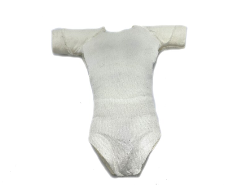 May include: A white leotard with short sleeves.