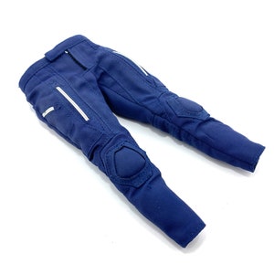 May include: A pair of blue trousers with white accents and knee pads.