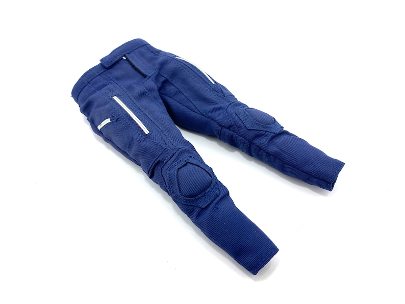 May include: A pair of blue trousers with white accents and knee pads.