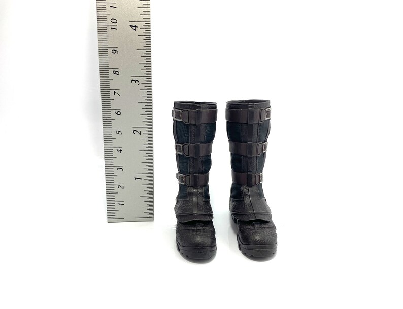May include: A pair of black leather boots with buckles. The boots are approximately 18 cm tall and have a pointed toe.