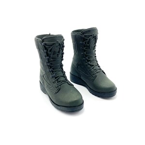 May include: A pair of dark green military-style boots with black laces. The boots are made of a durable material and have a rugged design.