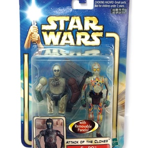 May include: A Star Wars Attack of the Clones action figure of C-3PO, a protocol droid, with removable panels. The figure is shown in two poses, one with a standard gold finish and the other with a multi-colored paint scheme.