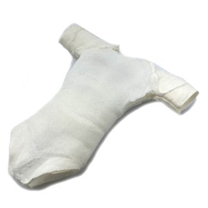 May include: A white cotton bodysuit with short sleeves. The bodysuit is lying flat on a white background.