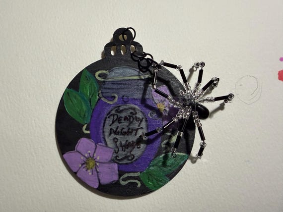 Deadly Nightshade Halloween Ornament | Hand-Painted Wooden Poison Bottle with Beaded Spider | Gothic Witchcore Decor